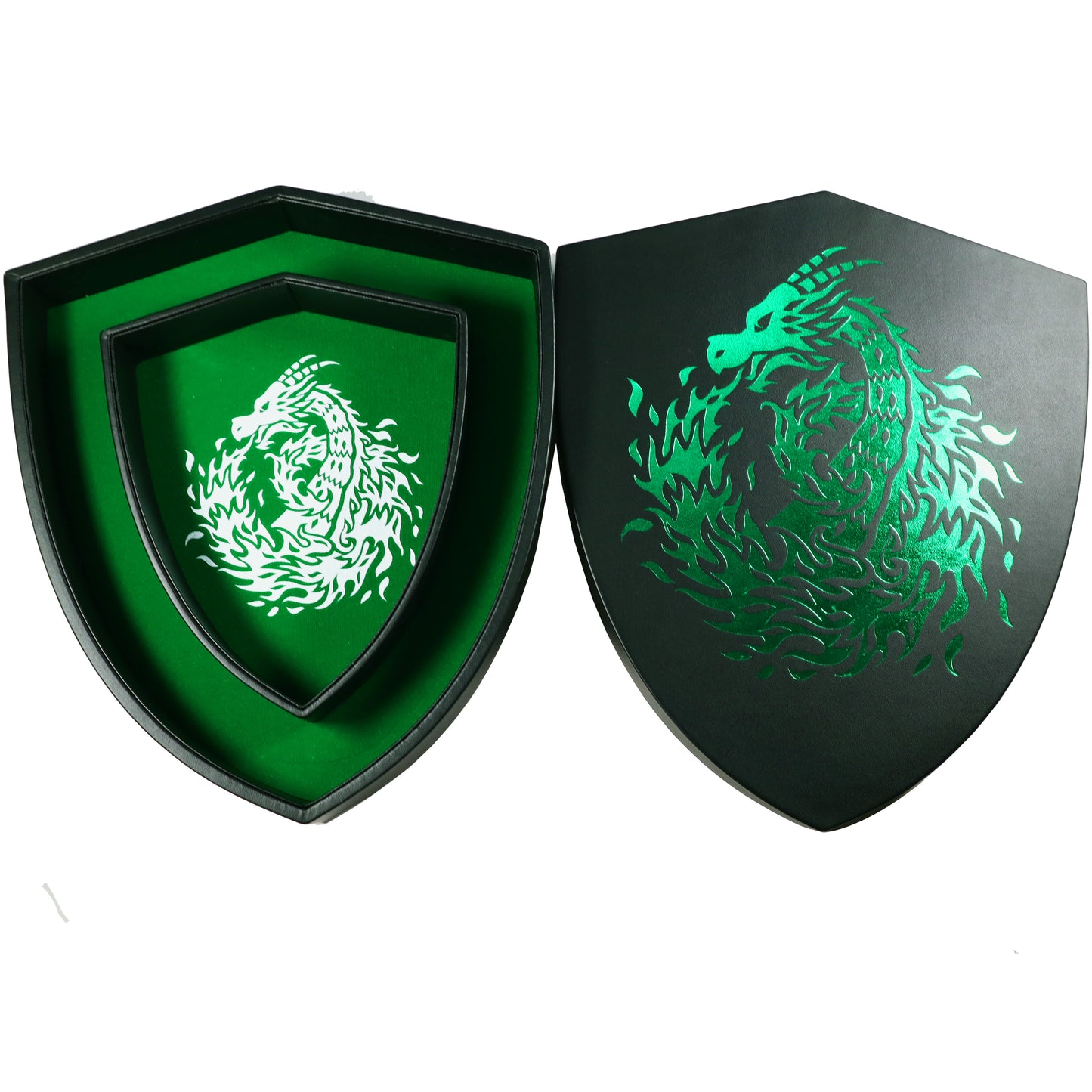 Shield Dice Tray Green Fire Dragon with Lid and Dice Staging Area