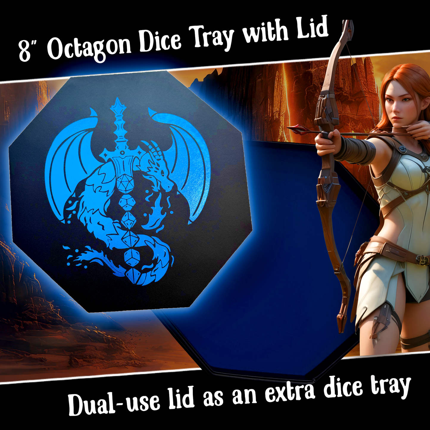 Fantasydice Blue Dragon Dice Sword with Wizard Book Print – 9" Octagon Tray with Lid and Dice Staging Area – Holds 5 Dice Sets (7pc) for D&D, Pathfinder, Call of Cthulhu, and All Tabletop RPGs