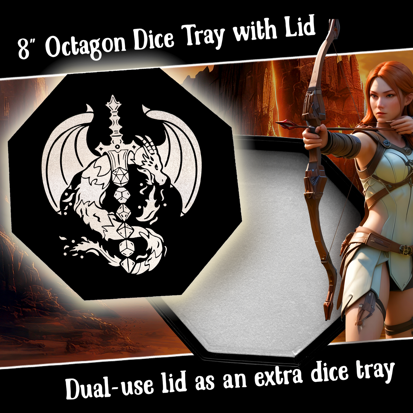Silver Dragon Dice Sword Tray with "Roll or Die" Print – 9" Octagon with Lid & Dice Staging Area – Holds 5 Dice Sets for D&D, Call of Cthulhu, Shadowrun & More Tabletop RPGs (Copy)