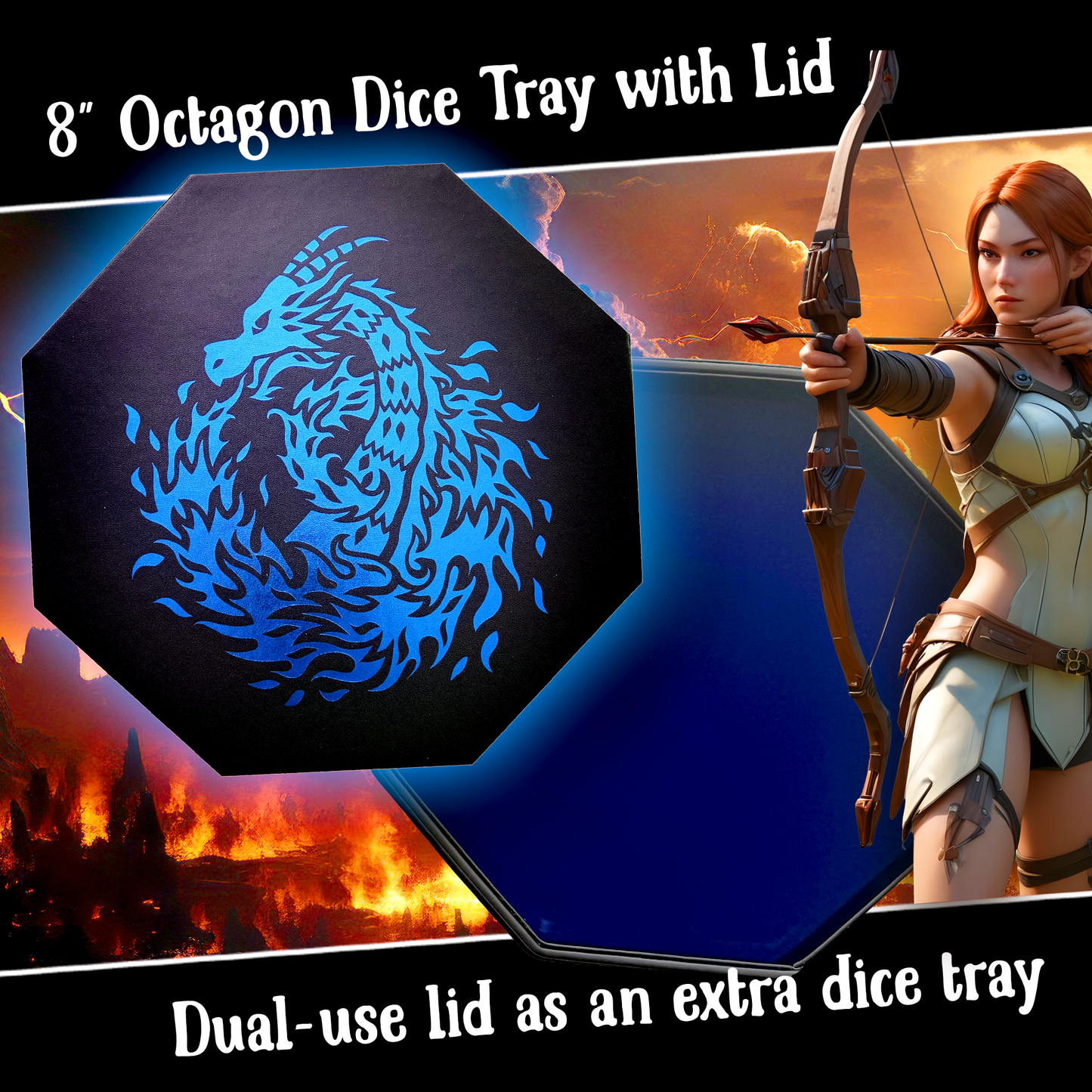 Blue Fire Dragon Wizard  - Dice Tray - 9" Octagon with Lid and Dice Staging Area