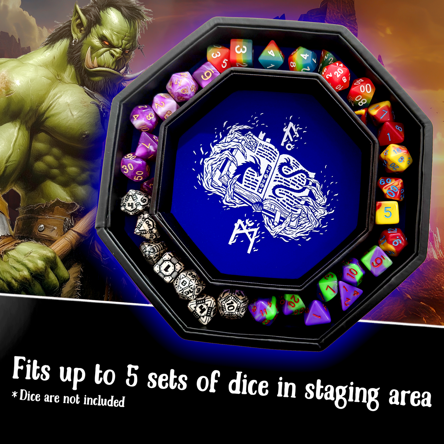 Fantasydice Blue Dragon Dice Sword with Wizard Book Print – 9" Octagon Tray with Lid and Dice Staging Area – Holds 5 Dice Sets (7pc) for D&D, Pathfinder, Call of Cthulhu, and All Tabletop RPGs