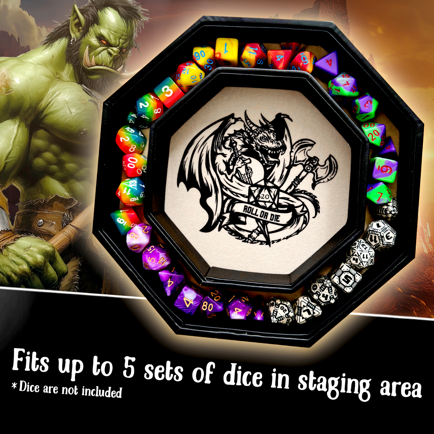 Silver Dragon Dice Sword Tray with "Roll or Die" Print – 9" Octagon with Lid & Dice Staging Area – Holds 5 Dice Sets for D&D, Call of Cthulhu, Shadowrun & More Tabletop RPGs (Copy)