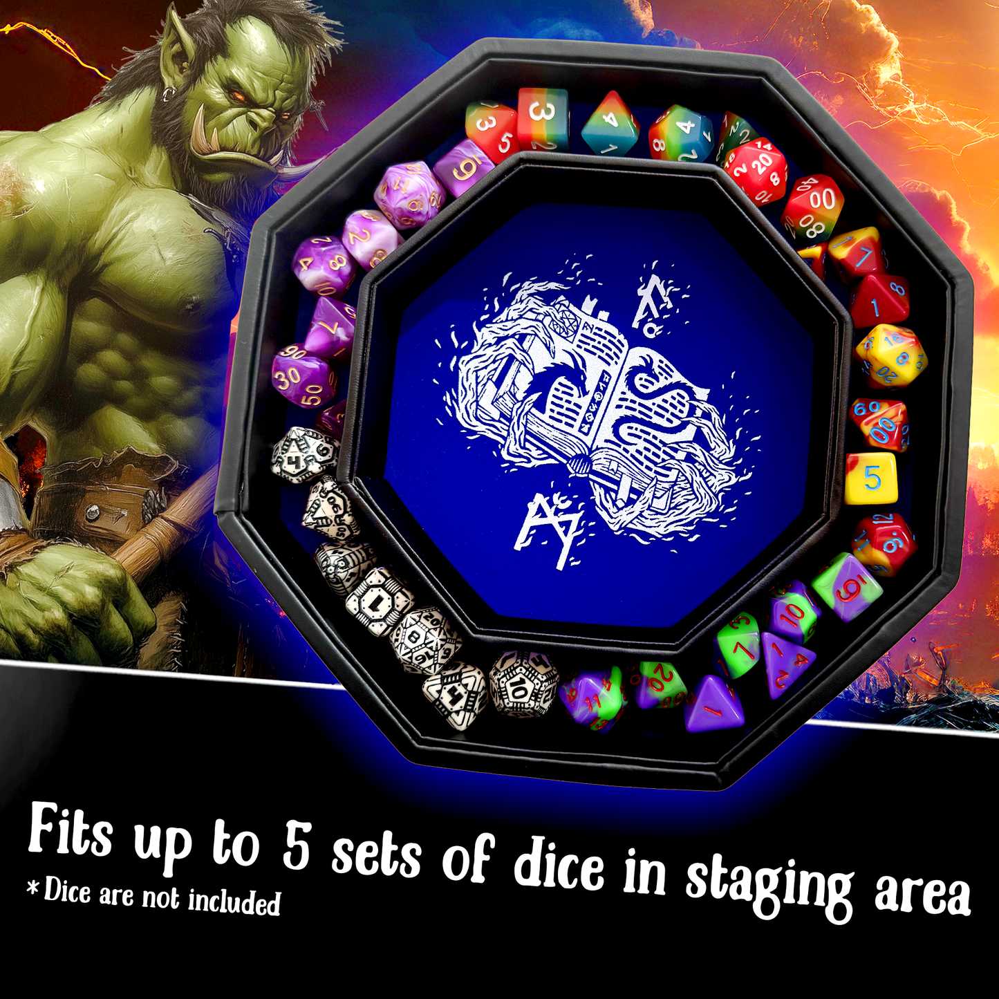 Blue Fire Dragon Wizard  - Dice Tray - 9" Octagon with Lid and Dice Staging Area