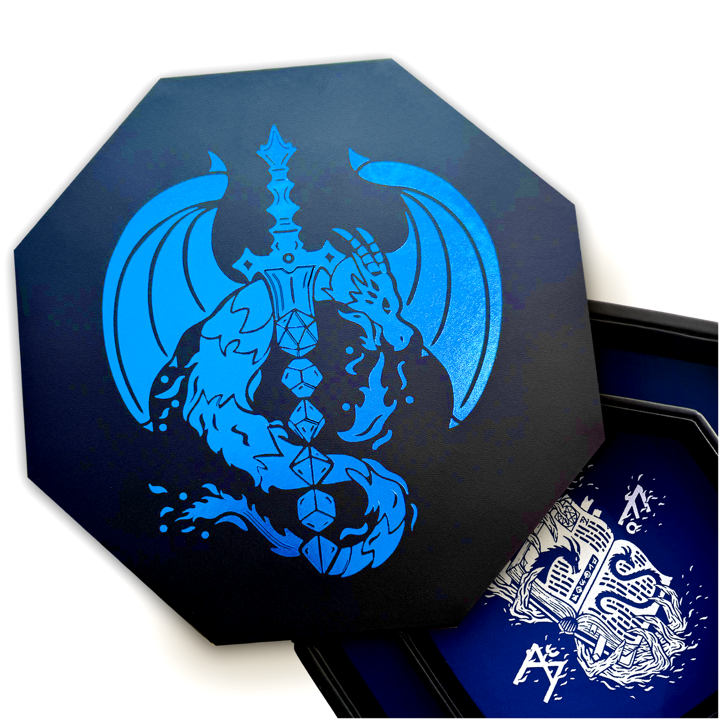 Fantasydice Blue Dragon Dice Sword with Wizard Book Print – 9" Octagon Tray with Lid and Dice Staging Area – Holds 5 Dice Sets (7pc) for D&D, Pathfinder, Call of Cthulhu, and All Tabletop RPGs