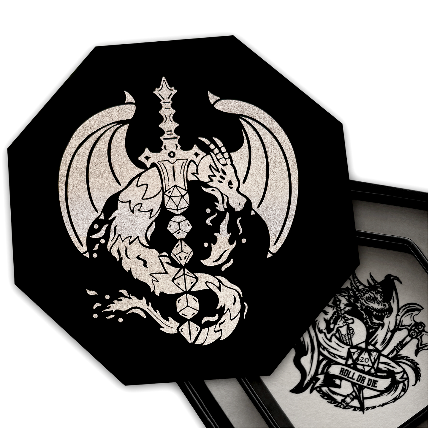 Silver Dragon Dice Sword Tray with "Roll or Die" Print – 9" Octagon with Lid & Dice Staging Area – Holds 5 Dice Sets for D&D, Call of Cthulhu, Shadowrun & More Tabletop RPGs (Copy)