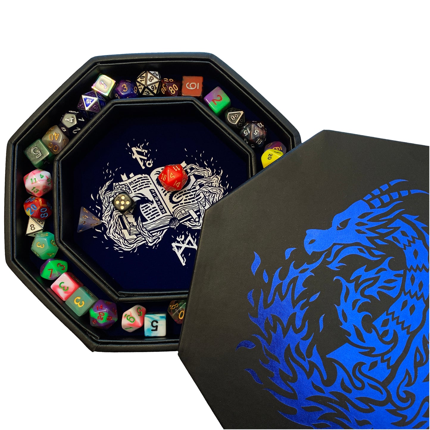 Blue Fire Dragon Wizard  - Dice Tray - 9" Octagon with Lid and Dice Staging Area