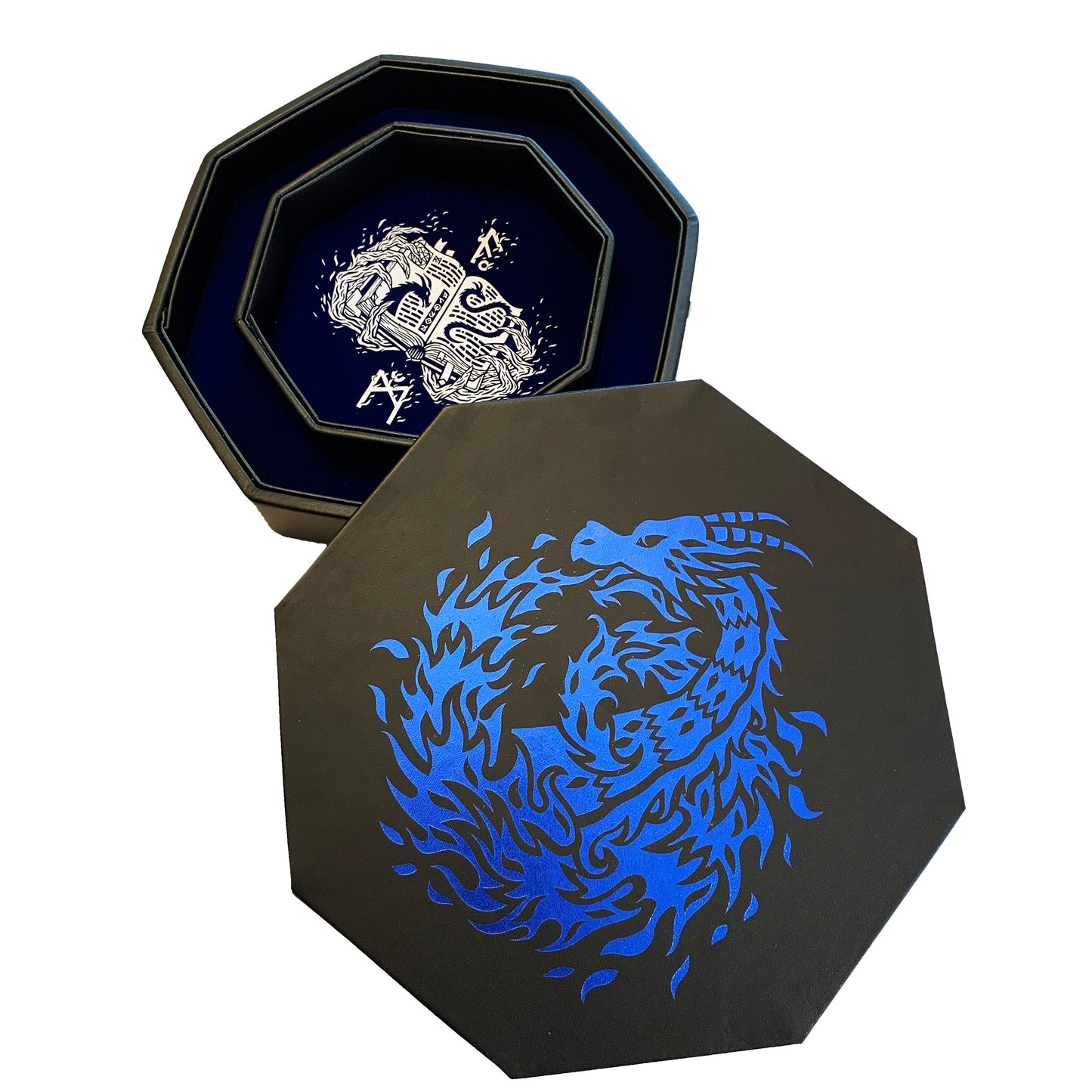 Blue Fire Dragon Wizard  - Dice Tray - 9" Octagon with Lid and Dice Staging Area