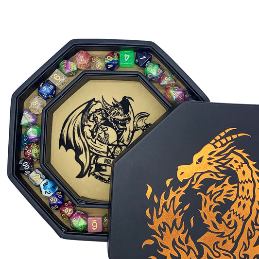 Chromatic Gold Fire Dragon Dice Tray 9" Octagon with Lid and Dice Staging Area